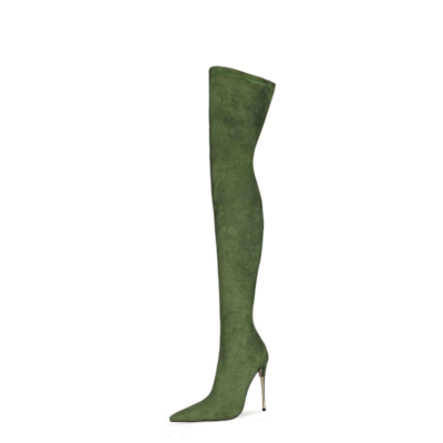 Botas largas elásticas verdes Botas altas hasta el muslo elásticas sobre la rodilla Tacones de 12 cm