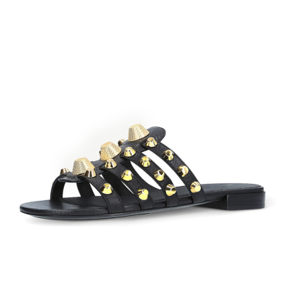 Sandalias negras con tiras múltiples y tachuelas Sandalias planas para fiesta en la playa Zapatos de verano con punta abierta Silde
