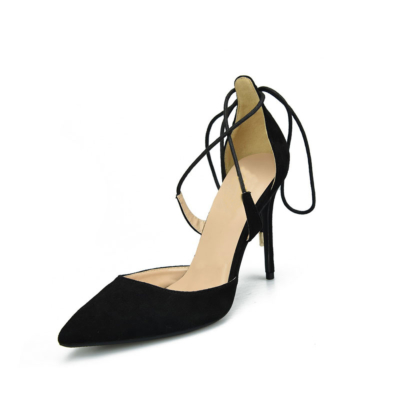 Zapatos de tacón de aguja con puntera en punta para mujer D'orsay con correa en el tobillo de ante negro