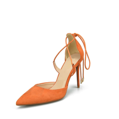 Zapatos de tacón de aguja con puntera en punta para mujer D'orsay con correa en el tobillo de ante naranja