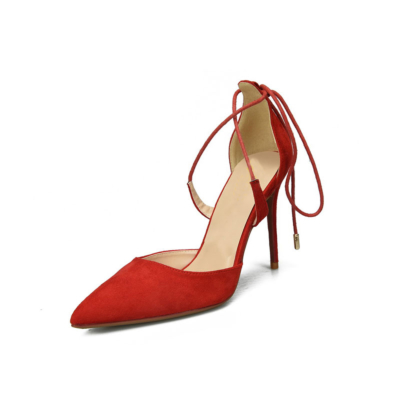 Zapatos De Salón De Tacón De Aguja De Mujer D'orsay De Ante Rojo Con Cordones Y Punta Fina
