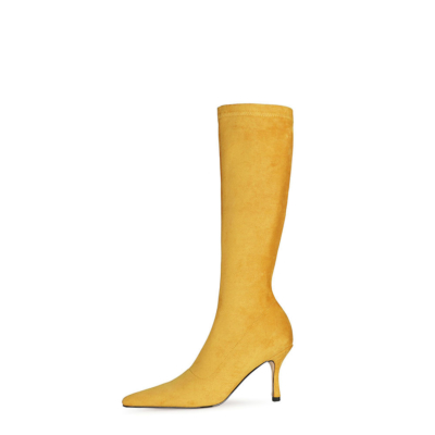 Botas altas hasta la rodilla con puntera en punta elástica lisa de gamuza amarilla