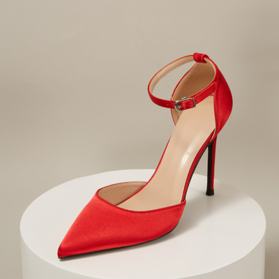 Zapatos de tacón de aguja con correa en el tobillo D'orsay con punta en punta de satén rojo