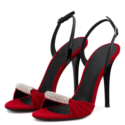 Sandalias de tacón de aguja de gamuza roja Bombas Peep Toe Zapatos de cristal con hebilla