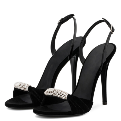 Sandalias de tacón de aguja de ante negro Bombas Peep Toe Zapatos de cristal con hebilla