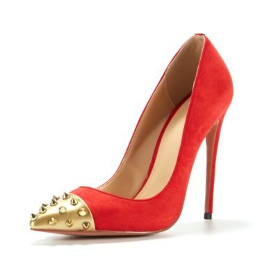 Zapatos de tacón de aguja de gamuza roja Zapatos de mujer con punta puntiaguda y tacones de 5 pulgadas