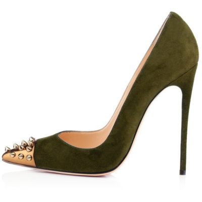 Zapatos de tacón de aguja de gamuza verde oliva Zapatos de mujer con punta puntiaguda y tacones de 5 pulgadas
