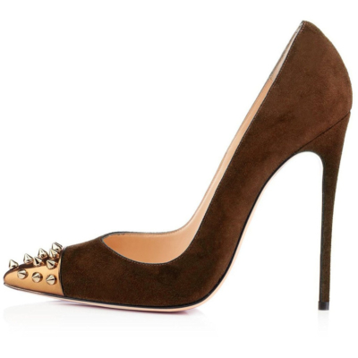 Zapatos de tacón de aguja de gamuza café Zapatos de mujer con punta puntiaguda y tacones de 5 pulgadas