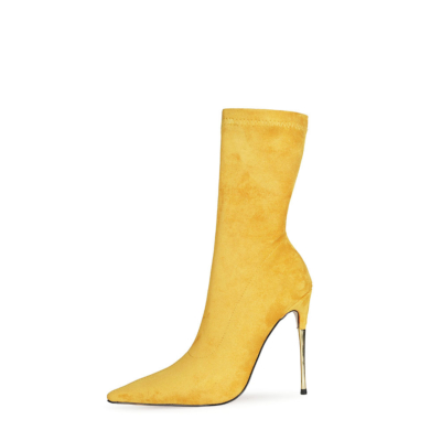 Zapatos calcetín tobilleros de tacón de aguja elásticos de ante amarillos