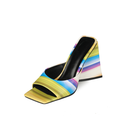 Sandalias de diapositivas de rayas coloridas de verano Tacones gruesos para damas