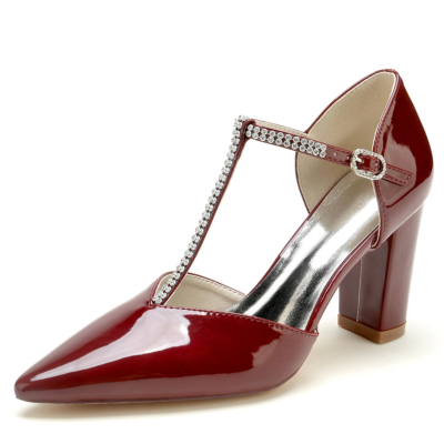 Borgoña Jeweled T-Strap D'orsay Block Heels Vintage Vestidos Zapatos Bombas