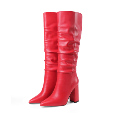 Botas holgadas para mujer con tacón grueso rojo Botas hasta la rodilla con punta puntiaguda