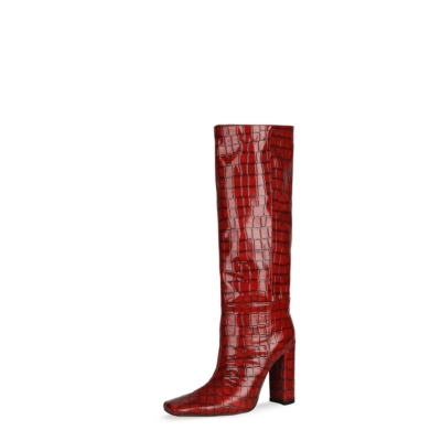Botas de tacón alto hasta la rodilla con estampado de cocodrilo rojo Botines de punta cuadrada para mujer