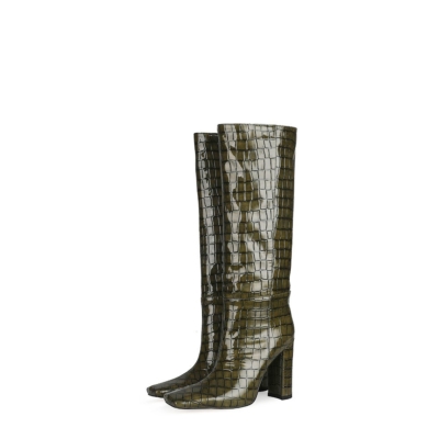 Botas de tacón alto hasta la rodilla con estampado de cocodrilo a la moda Botines de punta cuadrada para mujer