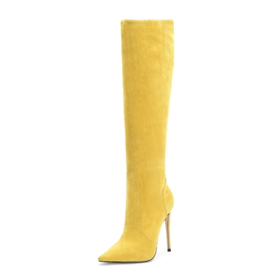Botas altas hasta la rodilla de tacón de aguja con punta puntiaguda de gamuza amarilla