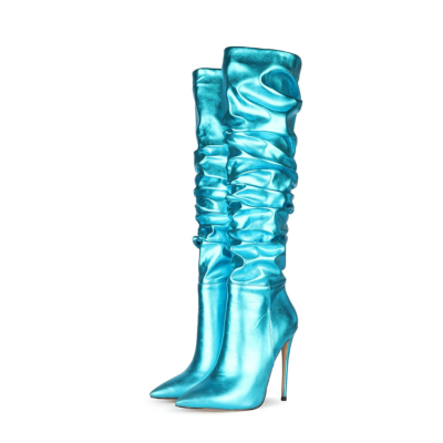 Botas por encima de la rodilla de tacón de aguja plisado metalizado elástico azul claro