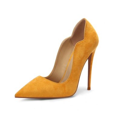 Zapatos de tacón de aguja con punta en punta de ante amarillo de mujer
