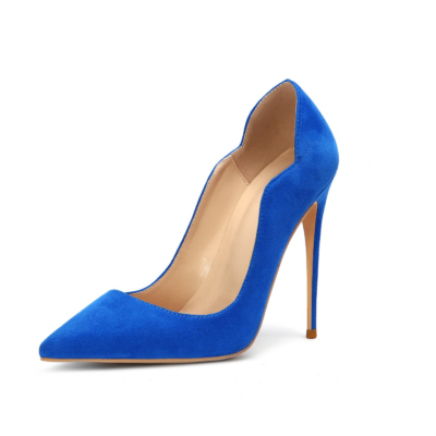 Zapatos de tacón de aguja con punta en punta de ante azul para mujer