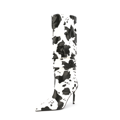 Botas largas hasta la rodilla con tacones de aguja y punta estrecha con estampado de vaca para mujer