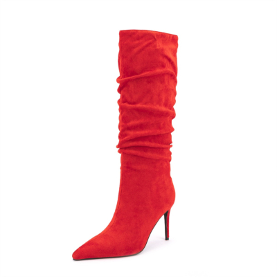 Botas largas de gamuza roja para mujer con tacones de aguja y punta estrecha hasta la rodilla