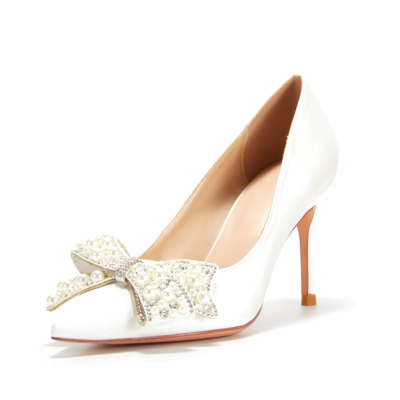 Zapatos de tacón de aguja con punta en pico y lazo de perlas blancas para mujer