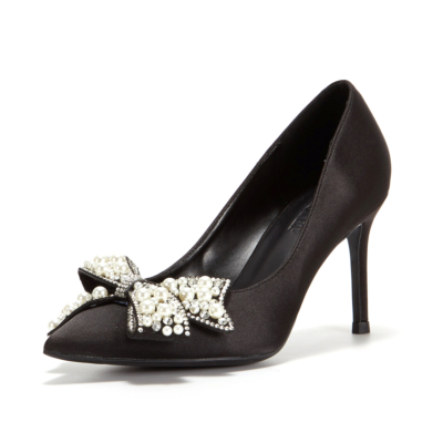 Zapatos de tacón de aguja con punta en pico y lazo de perlas negras para mujer