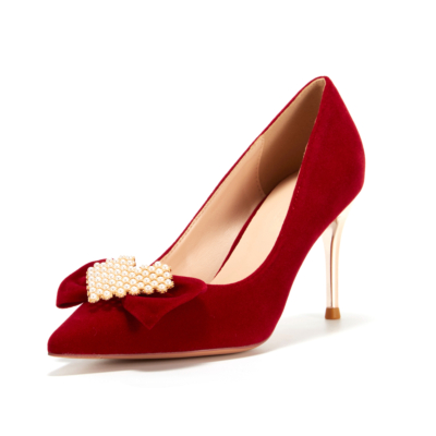 Zapatos de tacón con lazo de terciopelo rojo para mujer