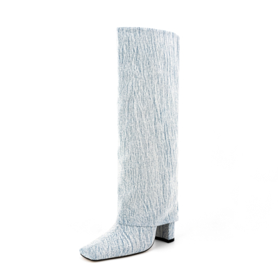 Botas con pliegues de mezclilla azul claro Botas altas hasta la rodilla con tacón grueso y punta cuadrada