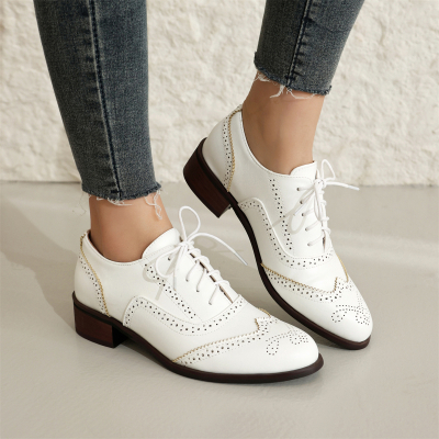White Round Toe Wingtip Lace up Dress Office Shoes Women's Oxford Shoes