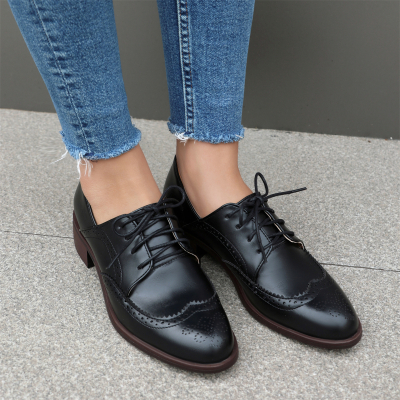 Black Women's Office Lace up Hollow out Wingtip Oxford Shoes