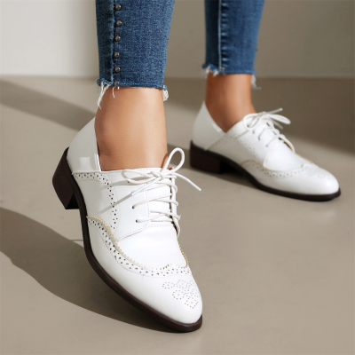 White Women's Office Lace up Hollow out Wingtip Oxford Shoes
