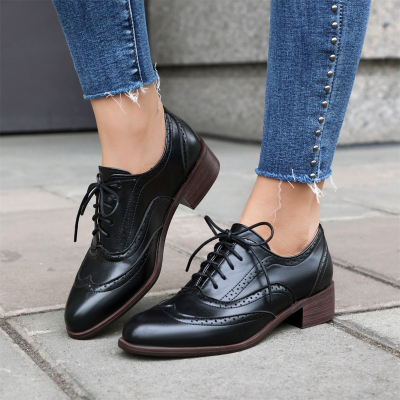 Women's Black Office Formal Shoes Round Toe Wingtip Oxford Shoes Flats