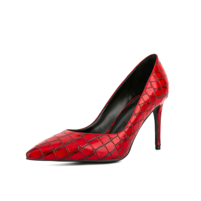Zapatos de salón de mujer con tacón de aguja en relieve y punta en punta roja