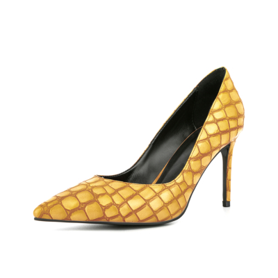 Zapatos de salón de mujer con tacón de aguja en relieve y punta en punta de color amarillo