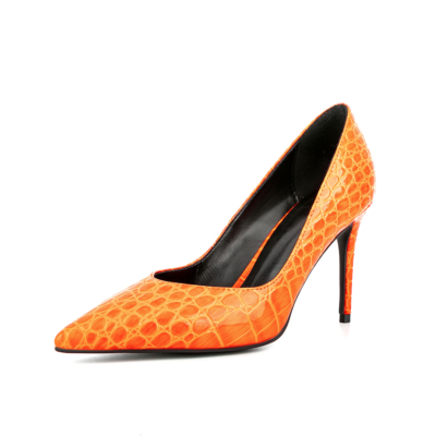 Zapatos De Mujer Tacón De Aguja En Relieve De Piedra En Punta Naranja