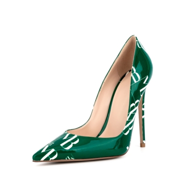 Zapatos de tacón de aguja de charol floral con letras verdes
