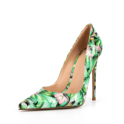 Zapatos de tacón de aguja de charol floral verde