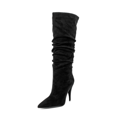 Botas holgadas de gamuza negra con punta en punta para mujer Botas de pantorrilla ancha con tacones de aguja de 4