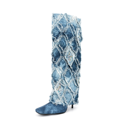 Botas altas por encima de la rodilla con punta cuadrada y mezclilla azul para mujer