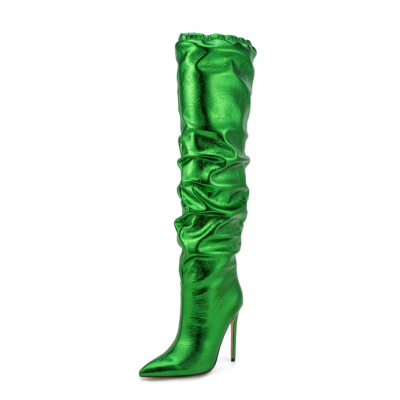 Botas altas hasta la rodilla de moda verde brillante Botas holgadas con tacón de aguja y punta estrecha