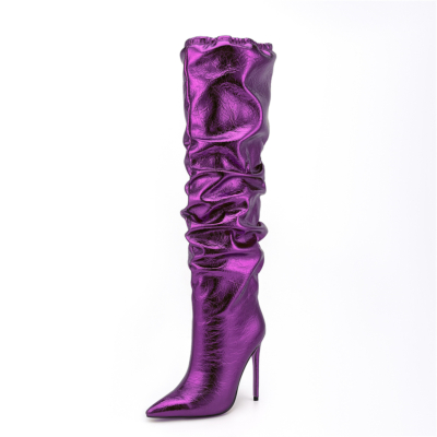 Botas hasta la rodilla de moda brillante púrpura Botas holgadas de tacón de aguja con punta en pico