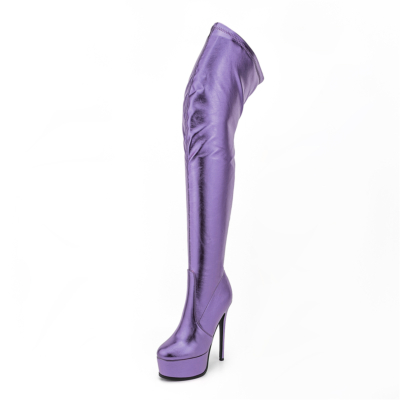 Botas largas hasta el muslo con tacón de aguja y plataforma de moda púrpura