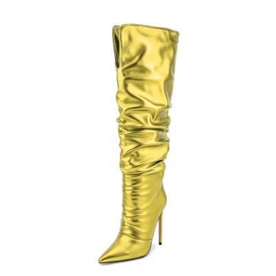 Botas holgadas con punta en punta de color amarillo neón metálico Botas altas hasta la rodilla con tacón de aguja