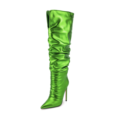 Botas holgadas con punta en pico de color verde neón metalizado Botas altas hasta la rodilla con tacón de aguja