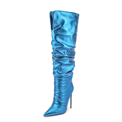 Botas holgadas con punta en punta azul neón metalizado Botas altas hasta la rodilla con tacón de aguja