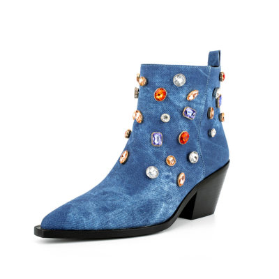 Botas vaqueras vaqueras azules con diamantes de imitación para mujer, botines con tacón de bloque al tobillo