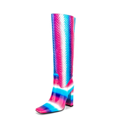 Botas hasta la rodilla con tacones gruesos y punta cuadrada multicolor rosa y azul