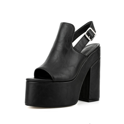 Zapatos de mujer negros de piel vegana con punta abierta y tacón de bloque con plataforma