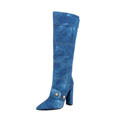 Botas altas hasta la rodilla con bolsillo de tacón grueso y punta estrecha de mezclilla azul
