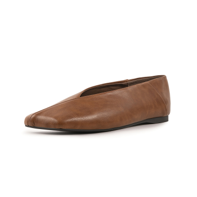 Zapatos cómodos planos anchos con punta cuadrada de cuero con corte en V marrón para mujer